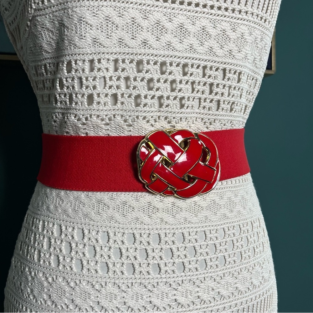 Red Elastic Waist Belt with Gold Knot Buckle